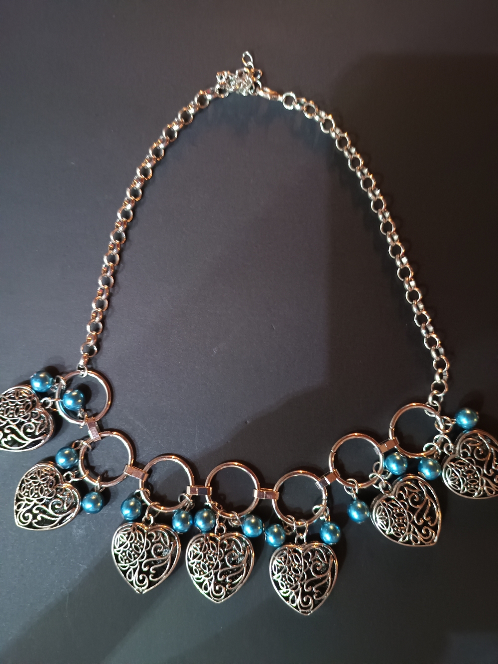 Silver-Tone Filigree Heart Necklace with Teal Beads